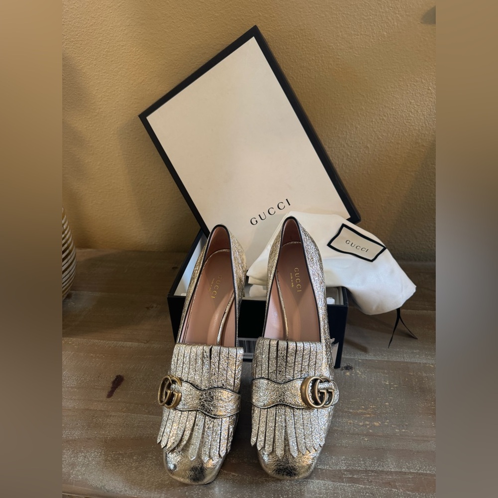 Gucci Marmont Platform Gold Fringe Logo Block Heel Loafer pump 39